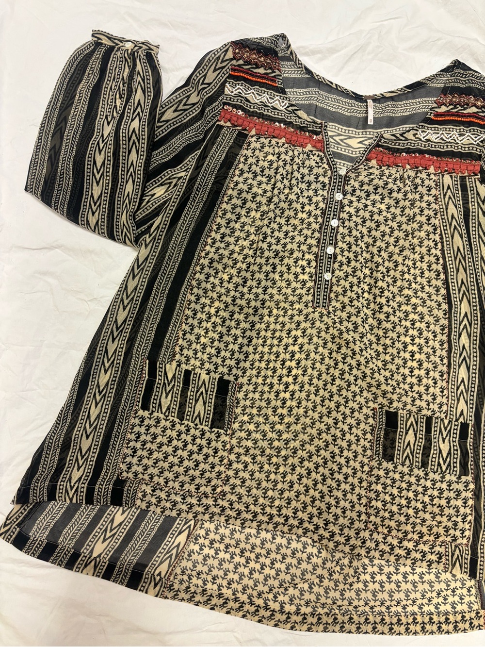 Free People Black and Cream Patterned Beaded Boho Sheer Tunic | XS